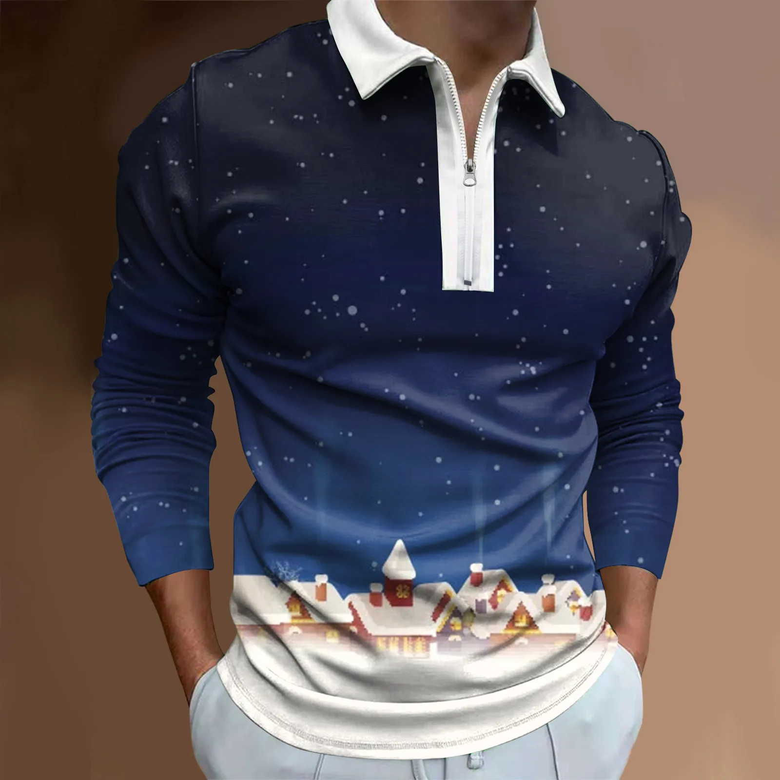 

Mens Christmas Fashion Leisure Comfortable 3D Digital Printing Holiday Lapel Half Zipper Shirt Long Sleeve Tees for Men Trendy