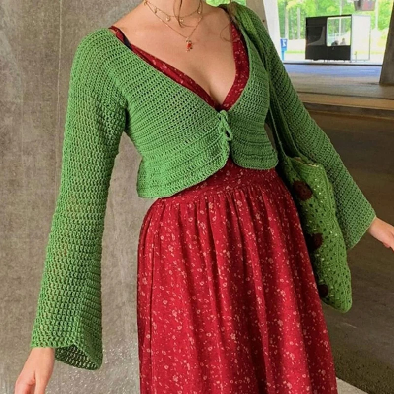 

Женский трикотажный кардиган на завязках Y2K, укороченный вязаный крючком топ с V-образным вырезом и длинным рукавом, Ретро Свитера в стиле 90-х, винтажная уличная одежда для E-girl