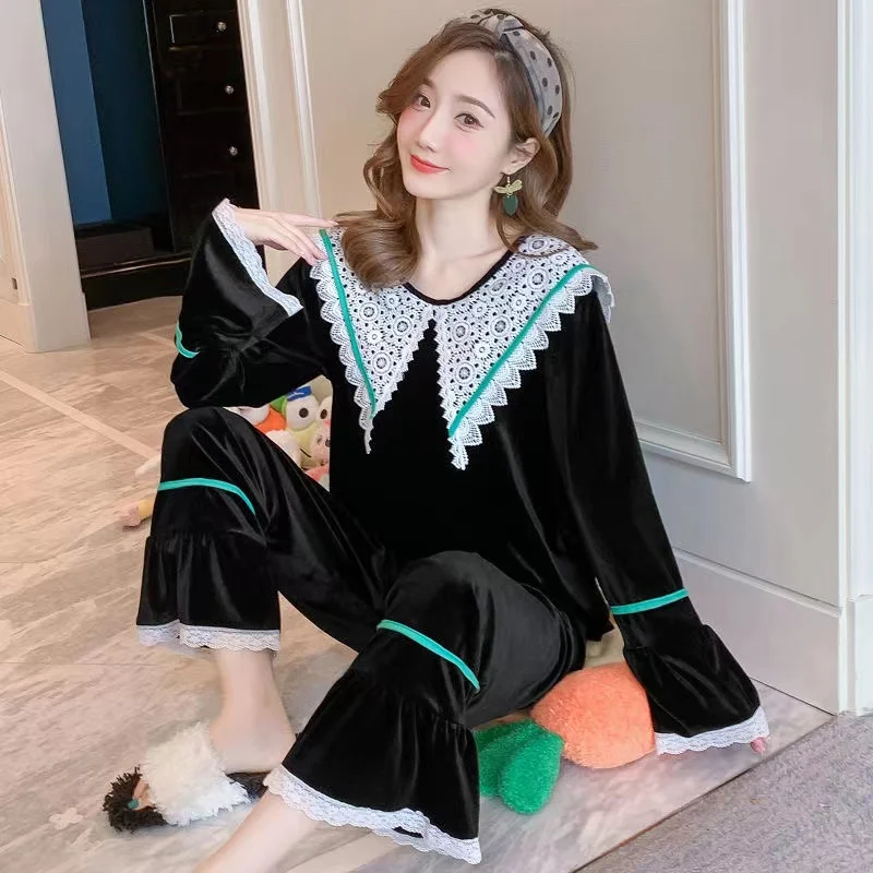 Autumn Winter Gold Velvet Pajamas Sets For Women V-Neck 2Pcs Pyjamas Long-Sleeved Home Clothes Elegant Sleepwear Homewear