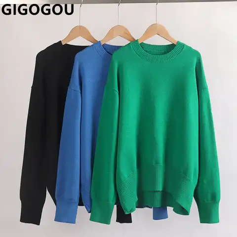 Женский свободный свитер GIGOGOU, повседневный вязаный пуловер с круглым вырезом, Осень-зима