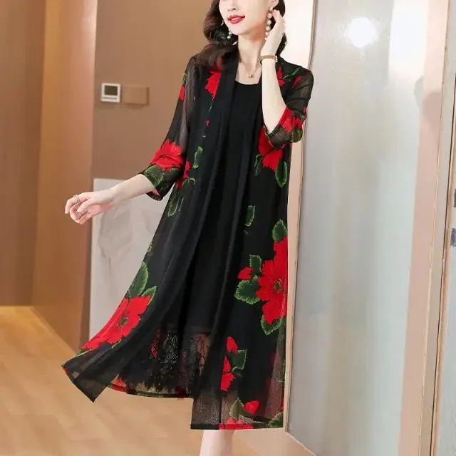 Женский длинный кардиган с принтом свободное тонкое пальто защитой от солнца