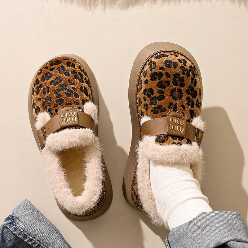 Модная женская обувь с леопардовым принтом на платформе 2024 теплые плюшевые