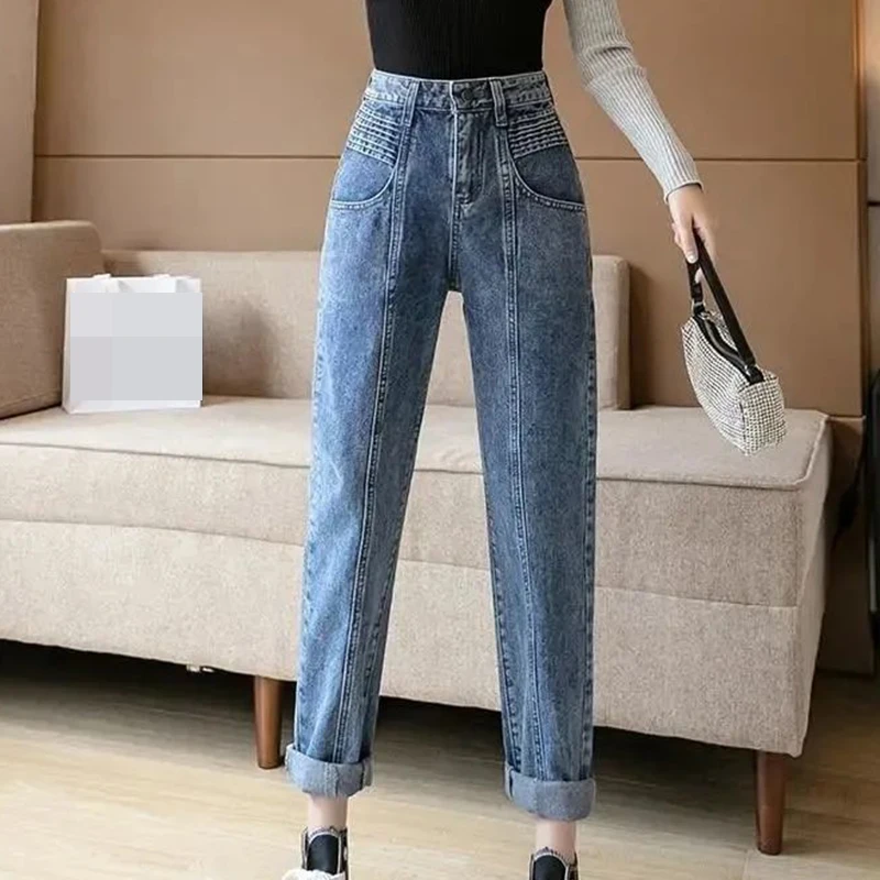 Ripped harem jeans women's autumn thin section 2022 new high-waisted thin wide-leg radish pants tide  Cotton  Pockets