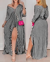 2022 spring autumn loose striped shirt dress women fashion v neck long sleeve loose striped print slit maxi dress