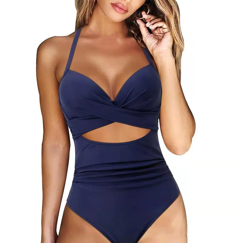 

Женский сексуальный купальник с запахом, монокини с высокой талией и вырезами, Быстросохнущий однотонный слитный купальник с лямкой на шее, пляжный купальный костюм