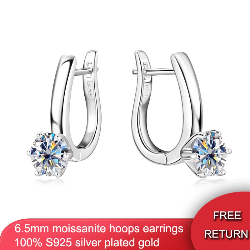 

Moissanite Hoops Earrings 100% Real 925 Sterling Silver 6.5mm D Color Single Stone Six Claw U-shaped Earrings for Women Gifts