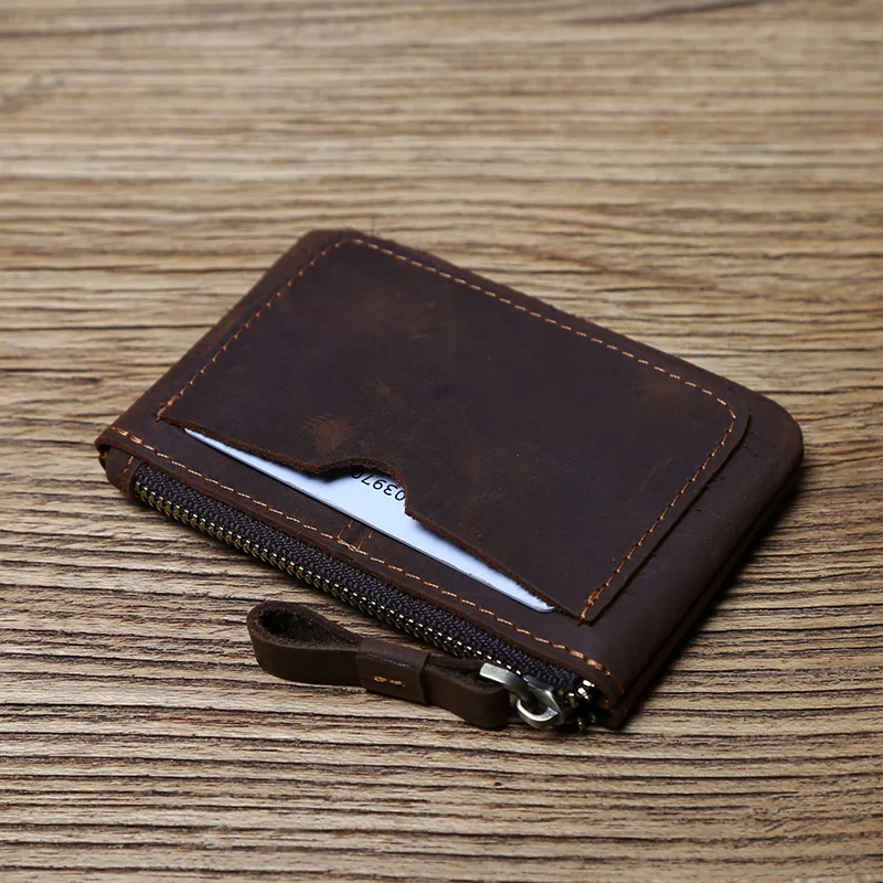 2023 Retro Crazy Horse Leather Men Small Wallet Handmade Zipper Drivers license Ultra Thin Keys Coins Cards Holders Slim Pouches