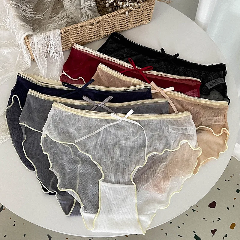 

2pcs Sweet lace sexy butterfly mesh panties girl summer thin seamless mid-waist seamless briefs ladies shorts Women's Panties