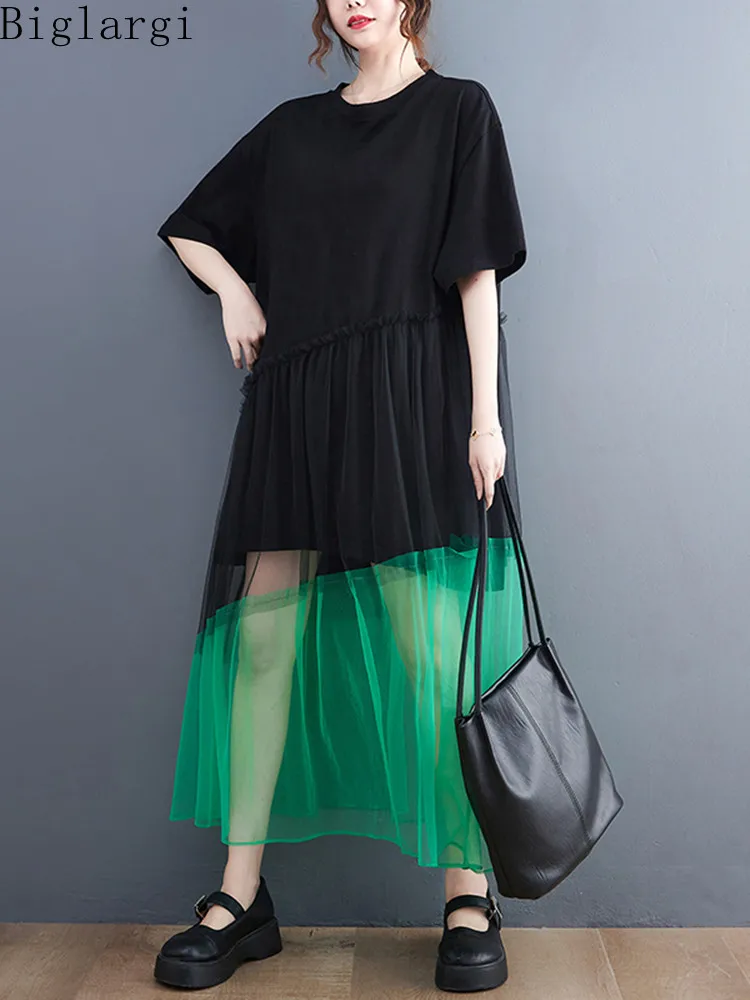 

Oversized Patchwork Mesh Loose Summer Tshirt Dress Woman Casual Big Size Women Korea Ladies Dresses Cotton Long T Shirt Dress