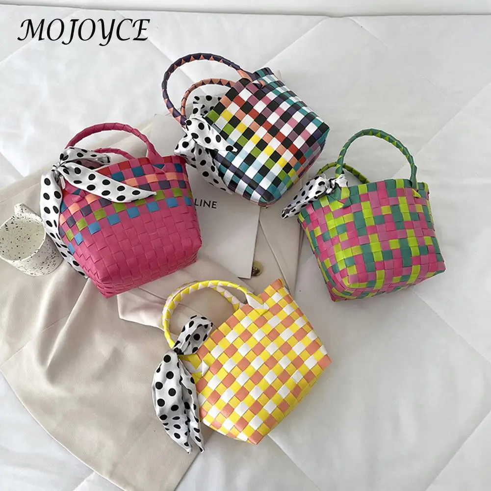

Casual Hit Color Handbag Plaid Tote Bag Scarf Bowknot Splicing Color Basket Top-Handle Bags for Women Handmade Woven Handbag