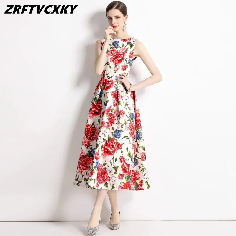

Runway Designer Women Sleeveless Party Vest Dresses Vintage Luxury Flower Printting Pocket Slim Waist Folded Female Long Vestido