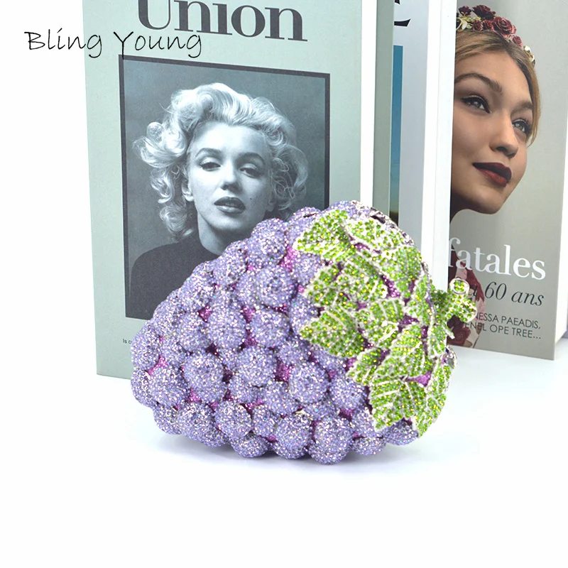 Female Bling Purple Grape Shape Diamond Handbags Luxury Designer Women Evening Bag Crystal Fruit Clutch Purse