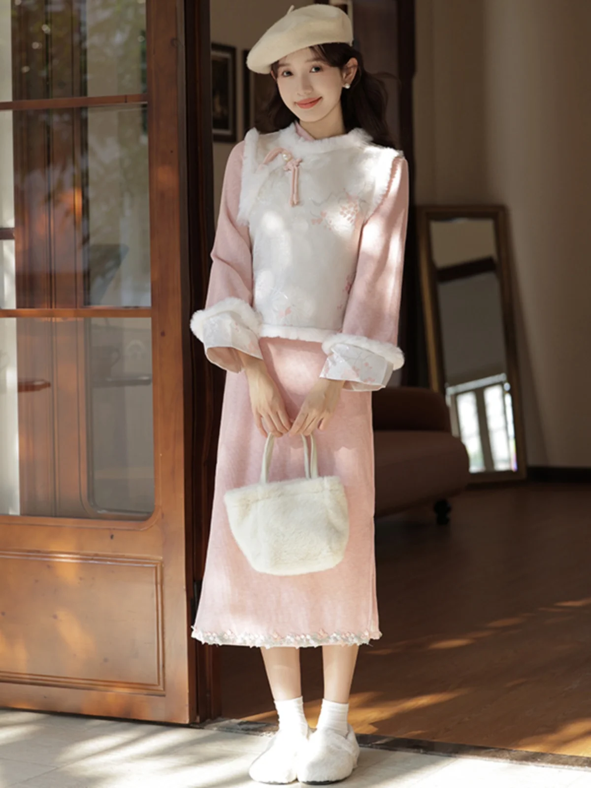 Маленькое улучшенное платье Hanfu National Sle для девочек розовый толстый жилет на