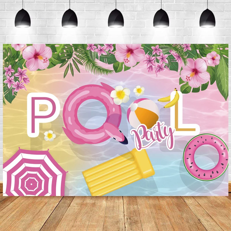

Summer Pool Party Backdrop Happy Birthday Custom Flowers Pink Flamingo Swimming Ball Photography Background Cloth Decor Banner