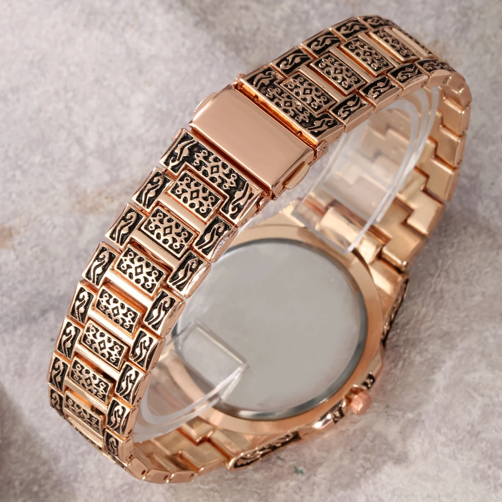 Luxury Rose Gold Watch for Men Vintage Embossed Steel Band Watch Gift for Male Quartz Wristwatches Calendar Clock Reloj Hombre