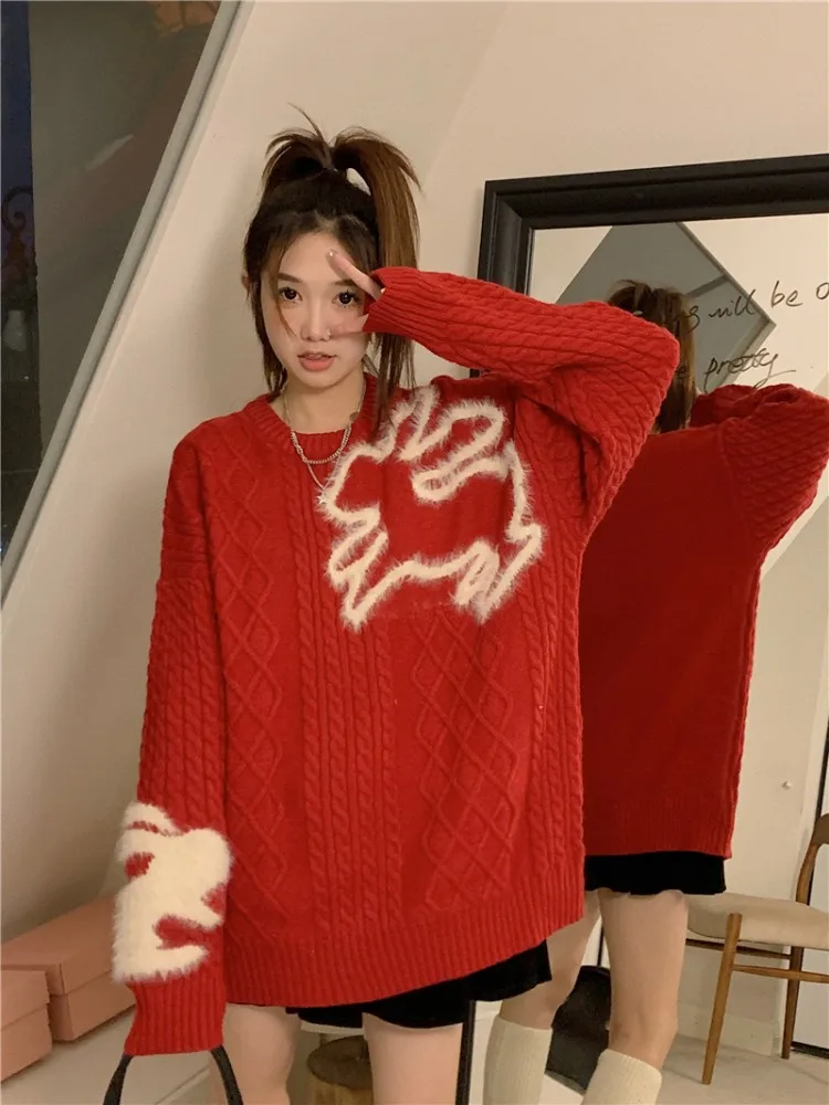 

Женский вязаный Свитер оверсайз, свободный свитер с круглым вырезом и вышивкой кролика, 2 цвета, на осень-зиму 2023, K601