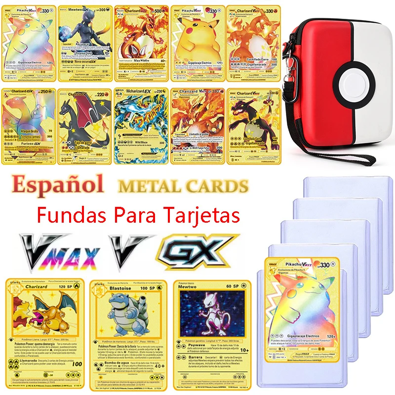 

4pcs Spanish Pokemon Metal Cards VMAX Charizard Collection Gold Card Bag Boxes MEGA GX Game Card Sleeves Kid Toy Christmas Gift