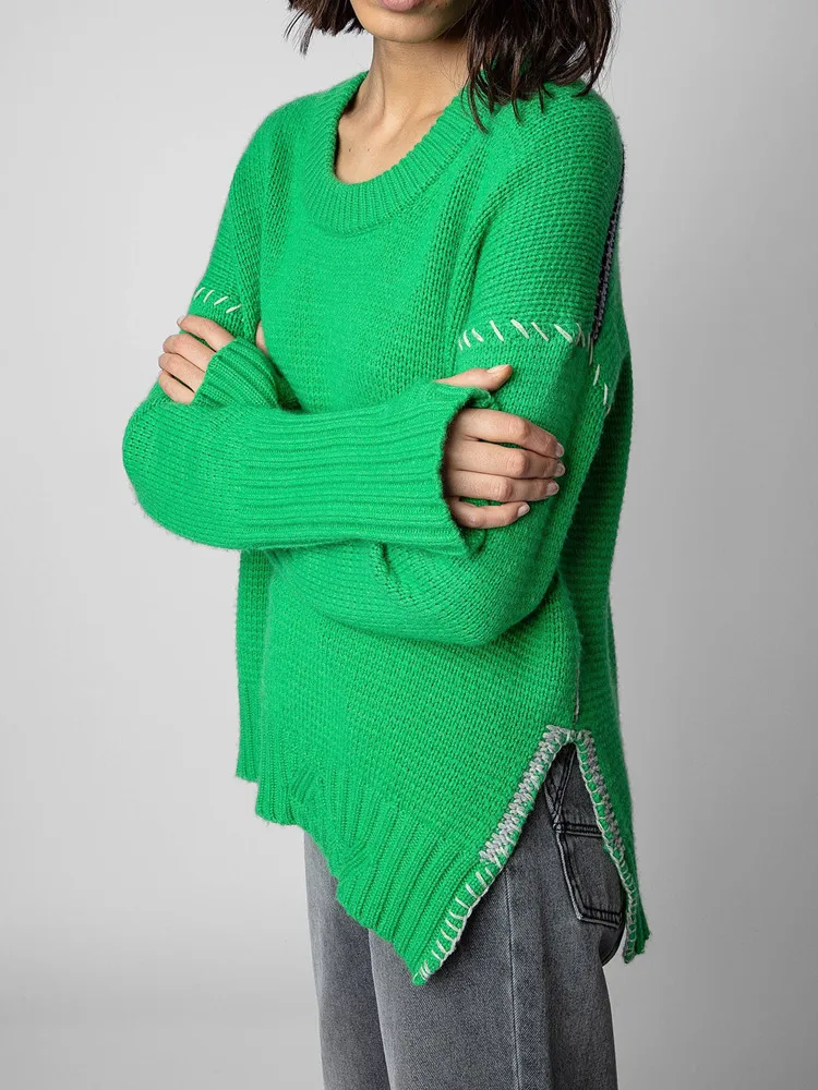 

Женский вязаный зеленый свитер с разрезом на подоле, кашемировый Повседневный Свободный пуловер с круглым вырезом для осени и зимы 2023