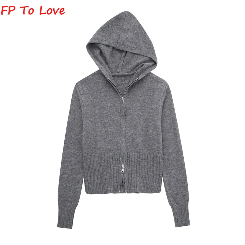 

Серый кардиган с капюшоном и двойной молнией, американская Ретро винтажная Базовая вязаная верхняя одежда, женская короткая куртка розовог...