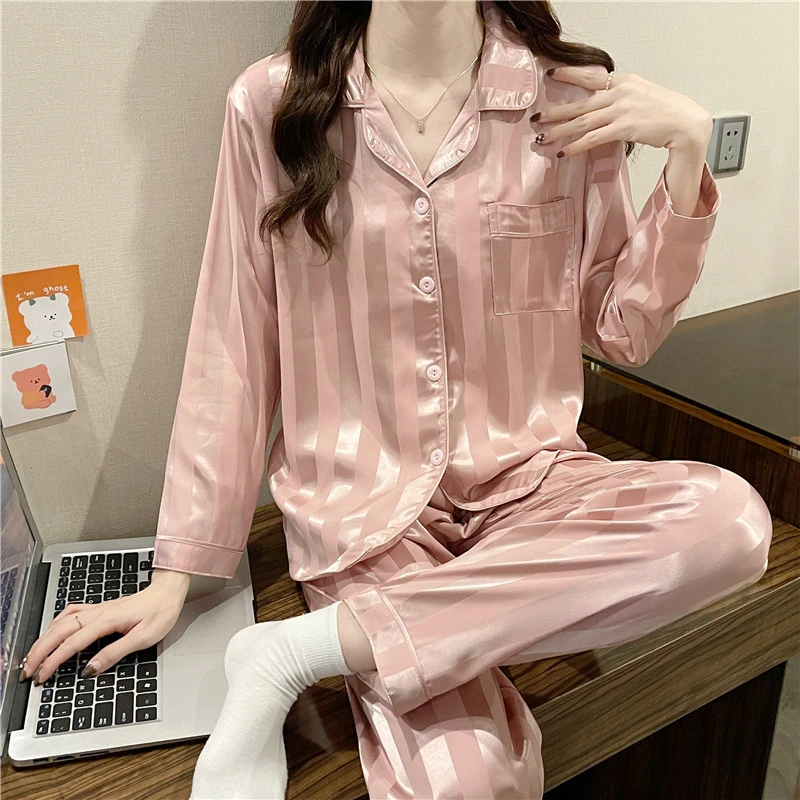 Pajamas women's spring and autumn long-sleeved jacquard vertical strips ice silk pink striped home service 2-piece suit