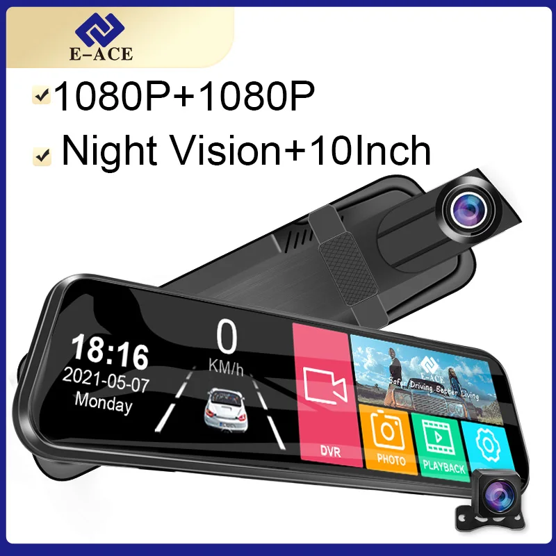 E-ACE A20P 10 Inches Car Dvr Dash Cam HD 1080P Dual Lens Touch Screen Auto Rearview Mirror Dash Stream Media 170° Front And Rear