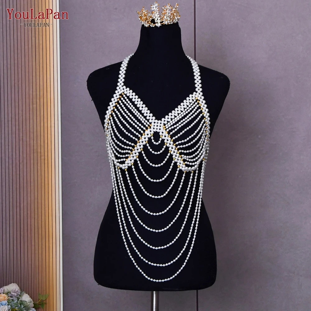 

YouLaPan G58 Beach Bikini Accessory Pearl Halter Tank Top Sexy Pearl Bra Bachelorette Party Accessories Plus Size Cutout Beaded