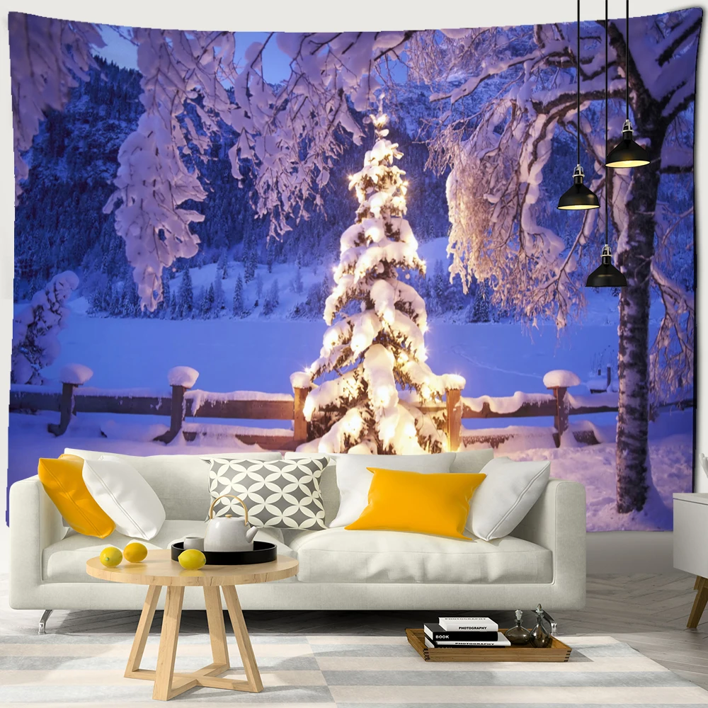 

Christmas Tree Under Snow Tapestry Wall Hanging Holiday Gifts Colorful Psychedelic Tapiz Natural Scenery Home Decor