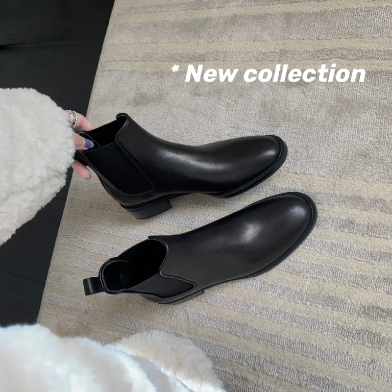 2023 Autumn and Winter New Plush Round Toe Thick Heel Shoes Leather Elastic Boots Chimney Chelsea Short Boots Women's Shoes