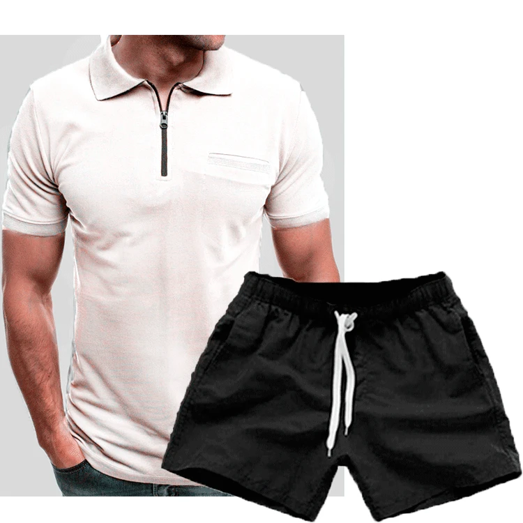 2023 summer new mens Solid color short-sleeved T-shirt+shorts 2-piece suit lapel slim polo shirt Men's Sets Asian size