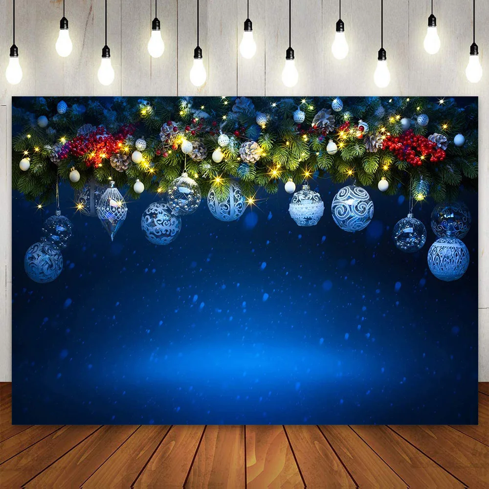 Blue Christmas Backdrop Winter Xmas Ball Pine Branch Photography Background for Newborn Kids Family Wonderland Party Decoration