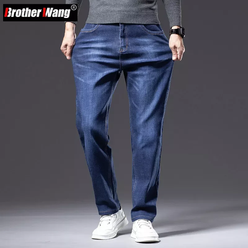 

NEW IN Size 40 42 44 Autumn Loose Thick Blue Jeans Men Business Casual Cotton Advanced Stretch Denim Pants Male Brand Clothing