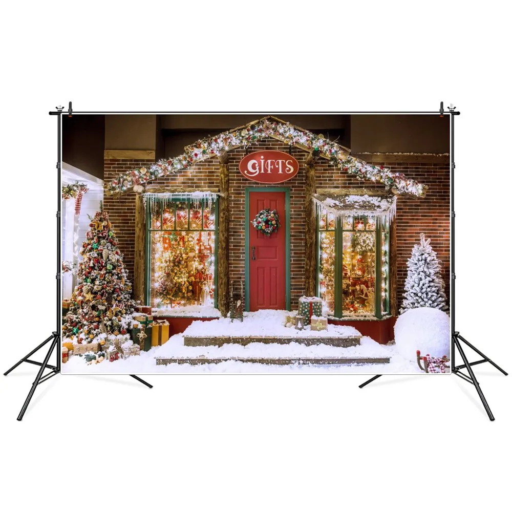 

Фон для фотосъемки с изображением рождественской елки подарков магазина крыльца лестницы снежной сцены