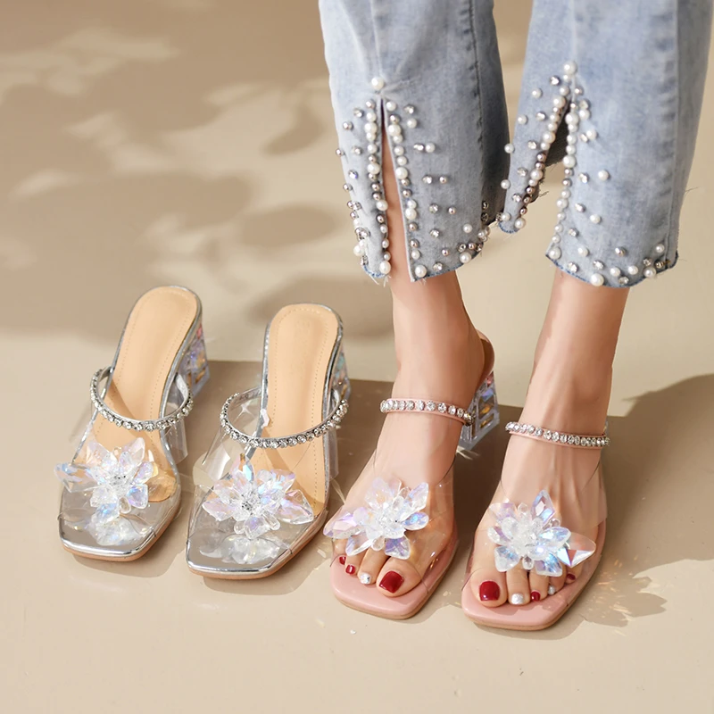 

2022 New Women's Slippers Crystal Thick Heels Fashion Slippers Dress Party Wedding Shoes Woman Rhinestone Pumps Zapatos
