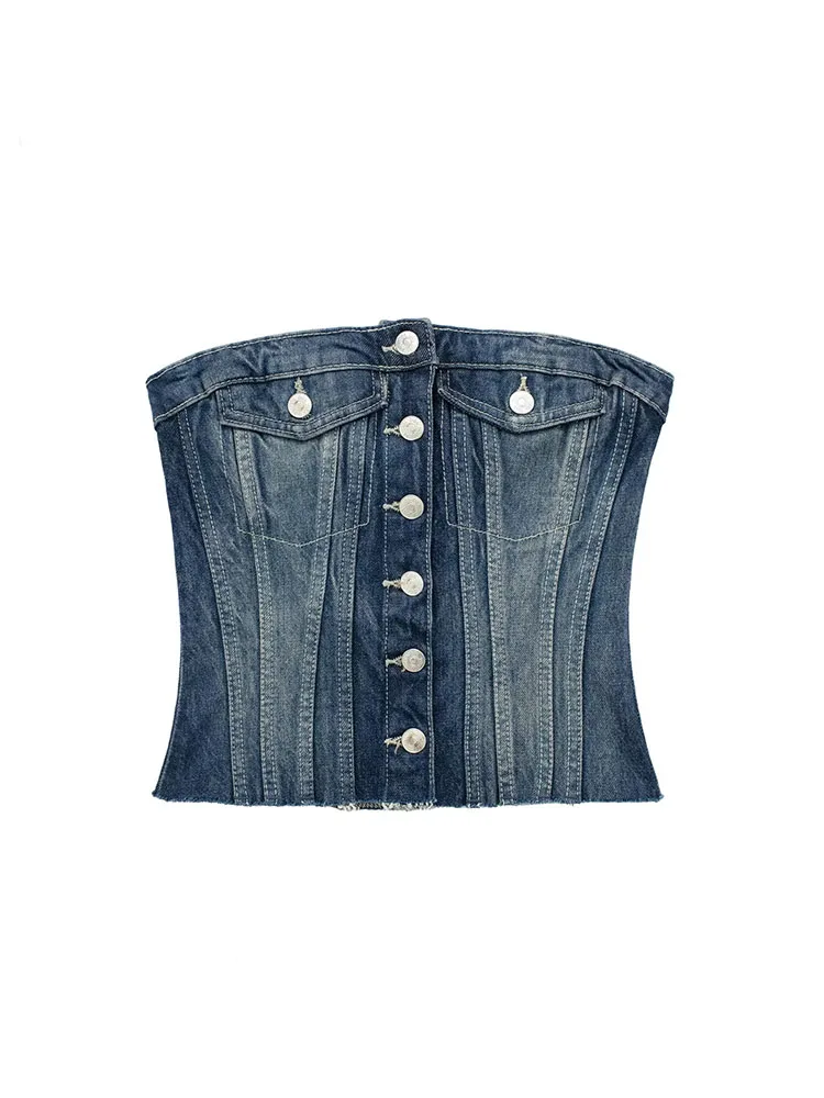 

Женский Джинсовый корсет с открытой спиной PB & ZA, летний модный винтажный Топ Без Рукавов на пуговицах, универсальный Повседневный шикарный женский топ