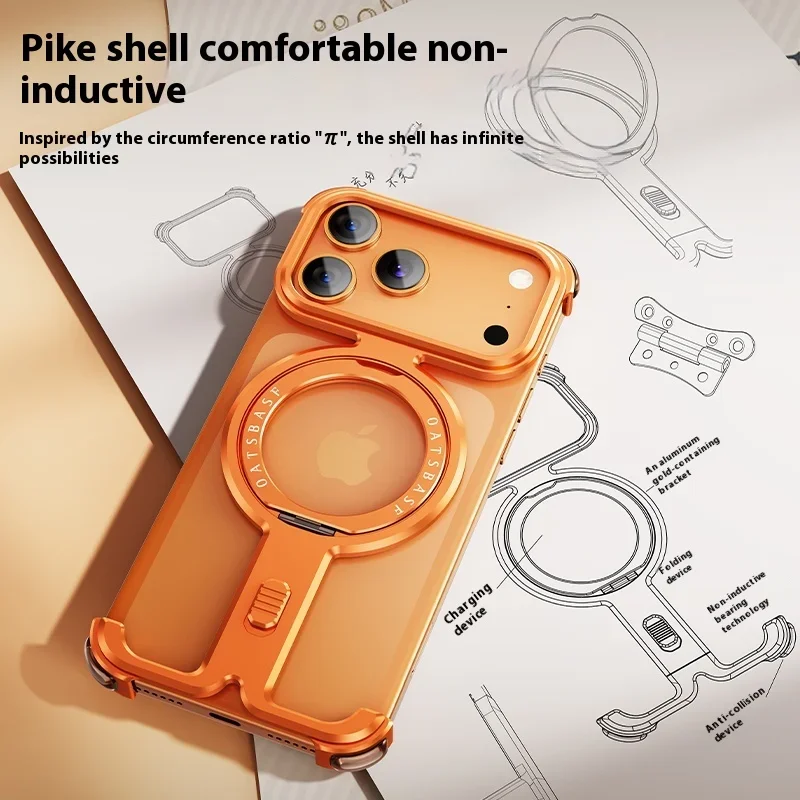 Фото Металлический чехол для телефона Oatsbasf для iPhone 17 Pro/17 Pro Max с магнитной подставкой 360 °   Вращающаяся алюминиевая металлическая безрамная крышка Magsafe №5