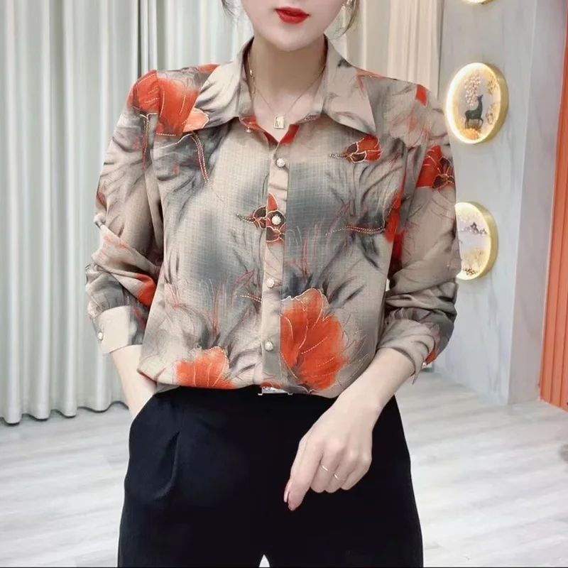 2023 New Spring and Autumn Fashion Shiny Silk Printed Polo Collar Oversized Loose Relaxed Contrast Color Sunscreen Women's Shirt