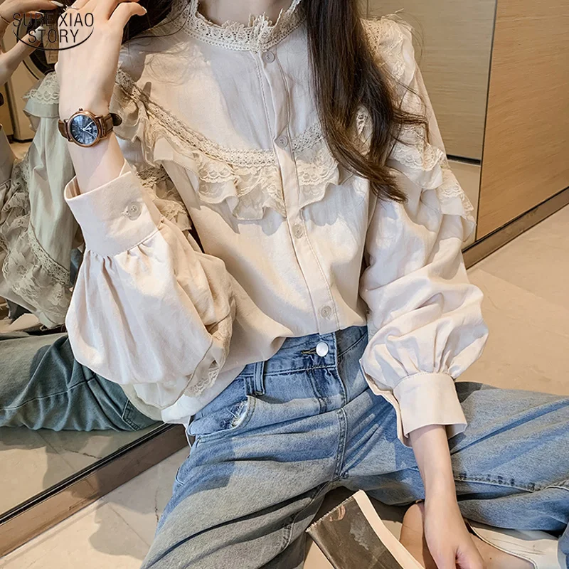 

Casual Elegant Women Tops and Blouses Vintage Women Spring Lantern Long Sleeve Loose Lace Blouse Shirts Fashion Blusas 10097