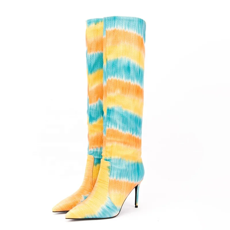 Multi Colors Tie-dyed Print Pointy Toe Women Shoes Booty Soft Pointy Toe Thin High Heel Knee High Boots for Women Big Size 47