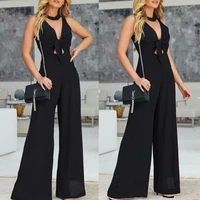 cfjs 032 2022y new arrival sexy lace up sleeveless women jump suit black wide leg pants solid color casual office wear