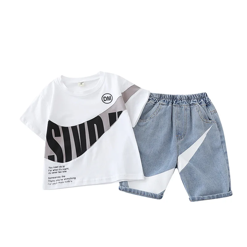 

Комплект одежды для маленьких мальчиков, летний детский костюм, детские футболки и джинсовые шорты, костюм из двух предметов, модный детски...