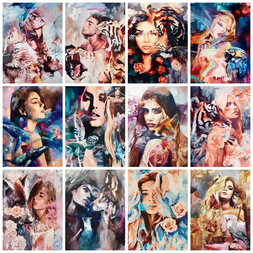 

AZQSD Woman Animal Tiger Pictures By Numbers Handmade Acrylic Oil Painting Drawing On Canvas Home Decor 40x50cm Framed Crafts