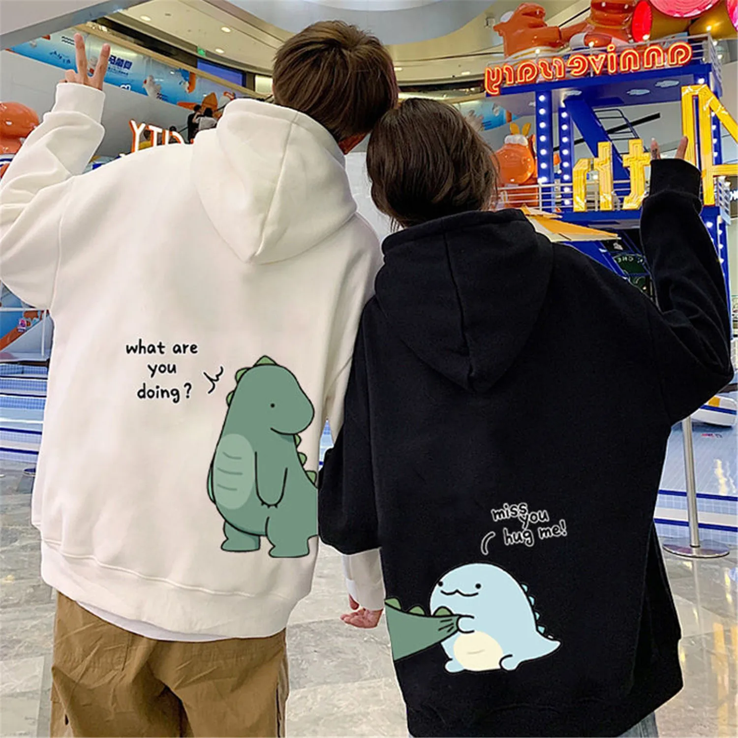 Couple Dinosaur Pullover Punk Korean Cartoon Print Hoodie Women Men Kawaii Anime Aesthetic Sweatshirt Autumn Winter Outerwear