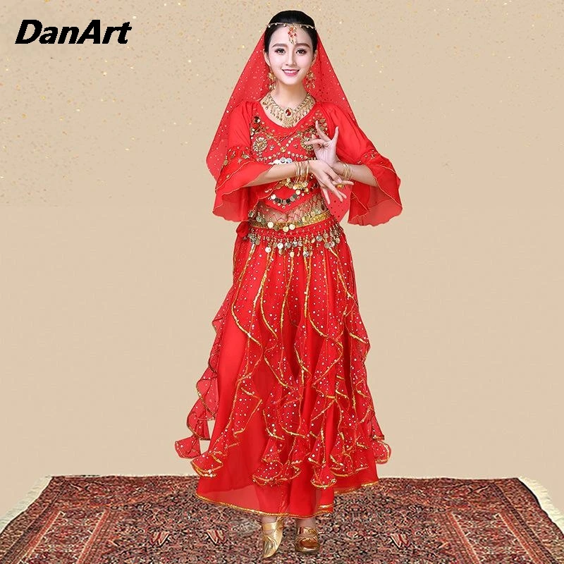 Костюм для танца живота женский топ арабского блестящая юбка индийский платок на