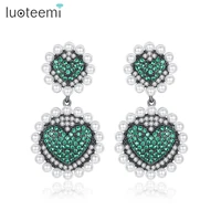 luoteemi new fashion heart dangle earrings for women party with small pearls green pink cz crystal drop earrings wholesale gifts