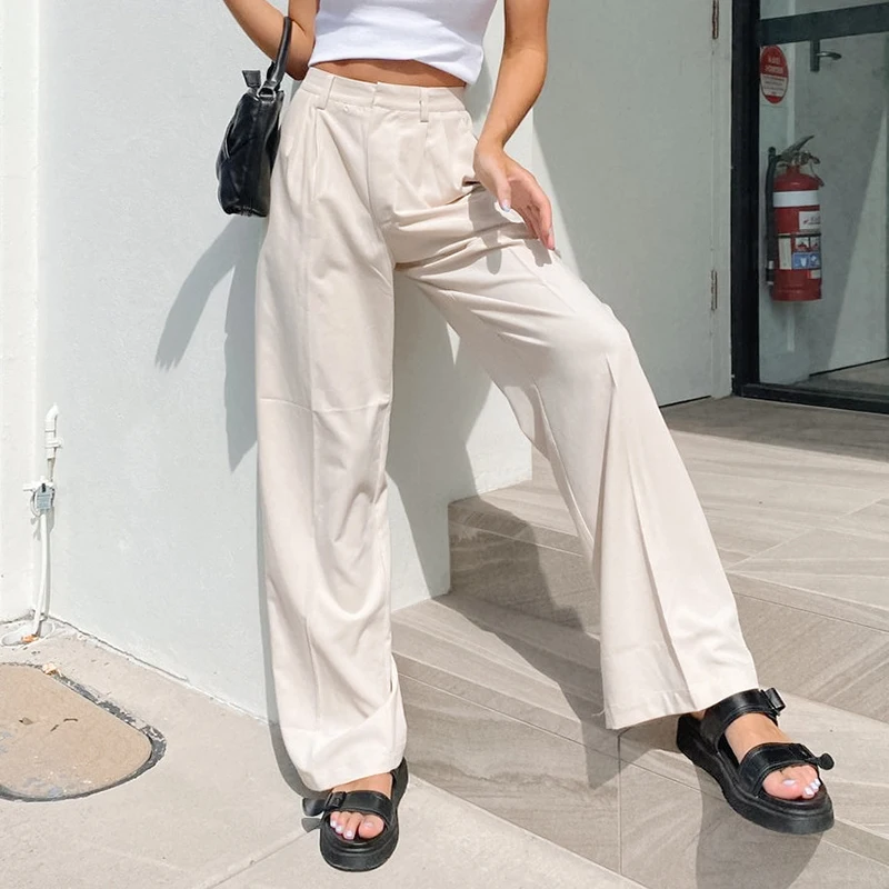 

Casual Pants Women's High Waist Pockets Loose Solid Color Temperament Was Thin Casual Suit Wide-leg Pants Women's Fashion Summer