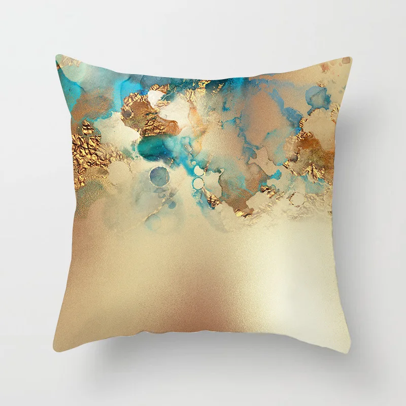 

Nordic Style Watercolor Printing Cushion Cover 45X45 Gold Leaf Texture Light Luxury Pillowcase Bedroom Living Room Office J1763