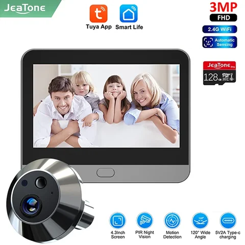Jeatone Smart Tuya 3MP дверной звонок видеоглазок камера 140 °   2,4 Wi-Fi Волшебный дверной глазок для просмотра глаз PIR Motion с питанием от батареи