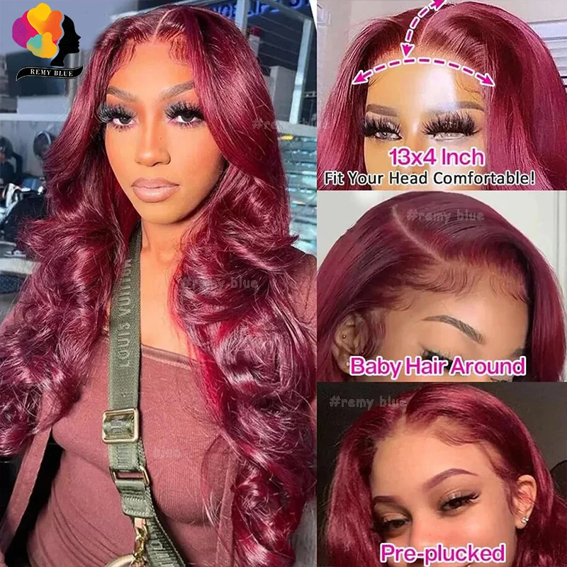 13x4 Объемная волна Парик фронта шнурка Цветные 99J Бордовый Красный Вьющиеся