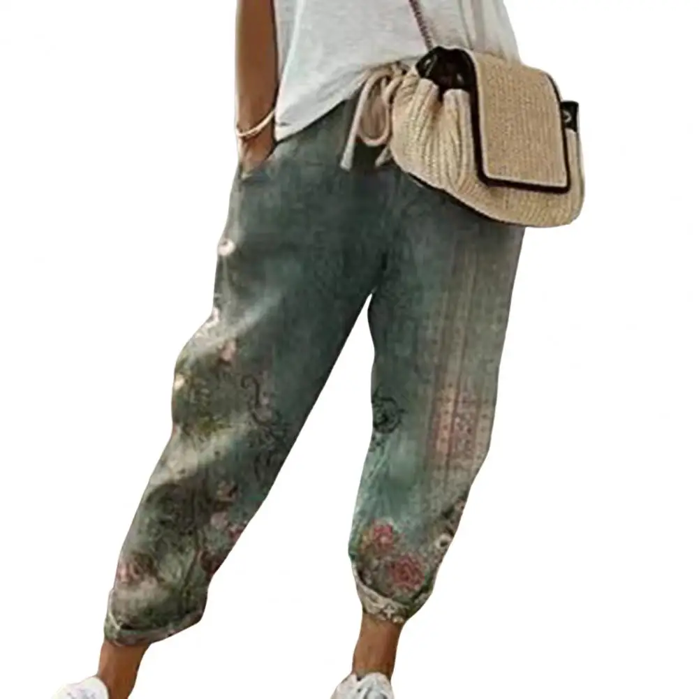 

Брюки женские с цветочным принтом, повседневные Широкие штаны с поясом на резинке, с градиентным переходом цветов, винтажные, на шнуровке, на лето