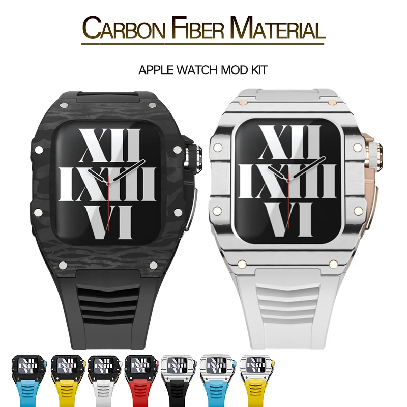 

Latest Carbon Fiber Case for Apple Watch 7 45mm Stainless Steel Band for Iwatch Series 6 5 SE 4 44MM Luxury Modification Kit